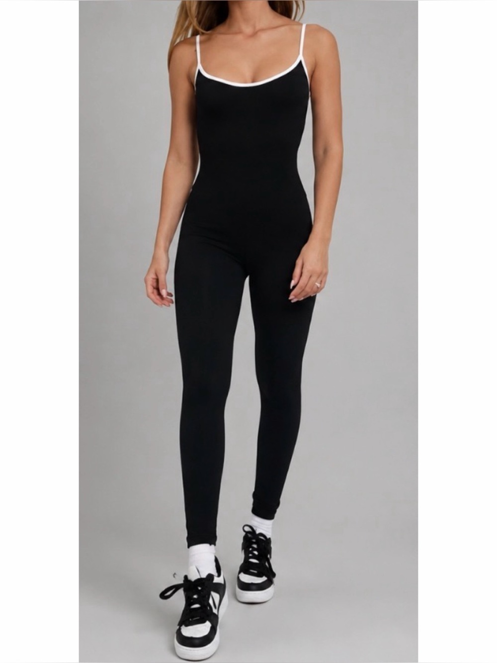 WILO THE LABEL • Black/White Slim Spaghetti-Strap Jumpsuit with Contrast Trim, L